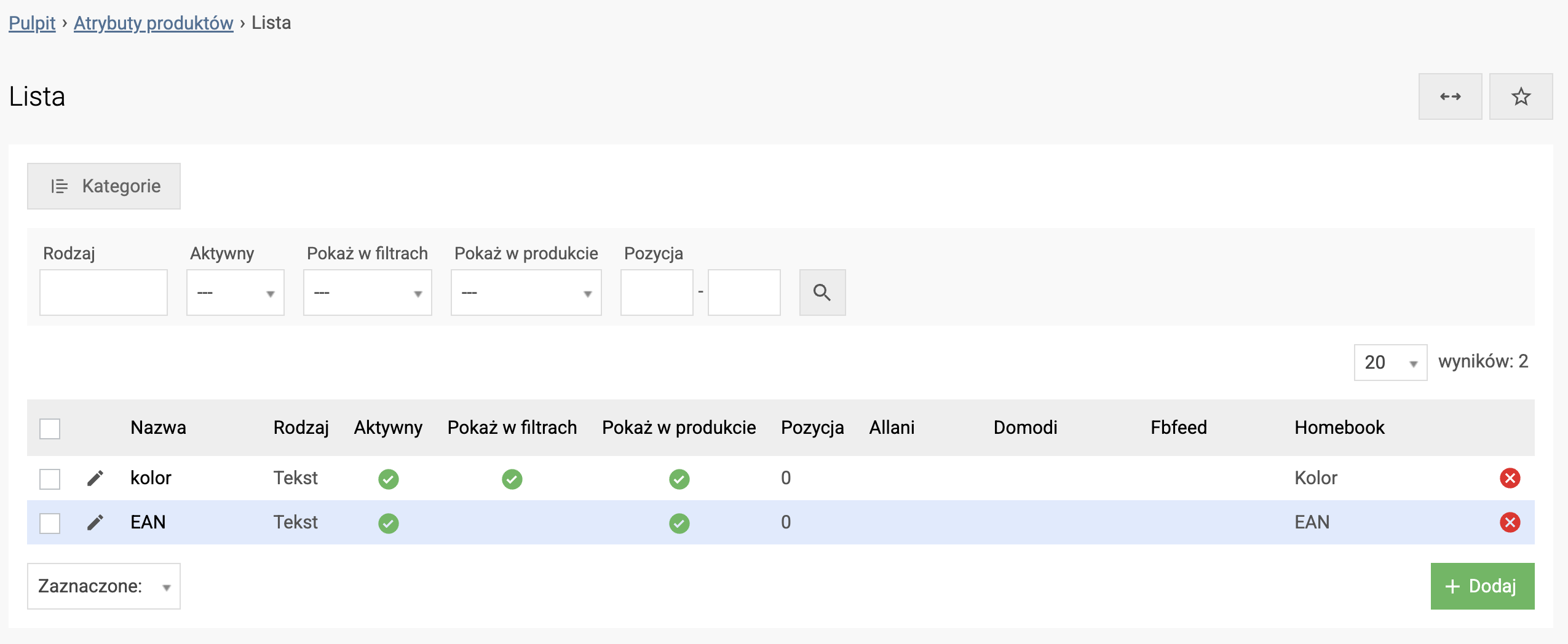 Podaj specjalne atrybuty dla produktów Homebook